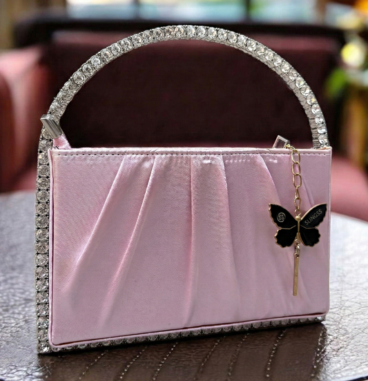 Slingss Exclusive Premium Boxy Shape Partywear Metal Handle Diamond Embroidered Handbag For Ladies