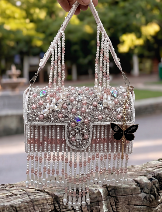 Slingss Luxury Range White Beads Hanging Diamond Embroidered Partywear Handbag For Ladies With Handle