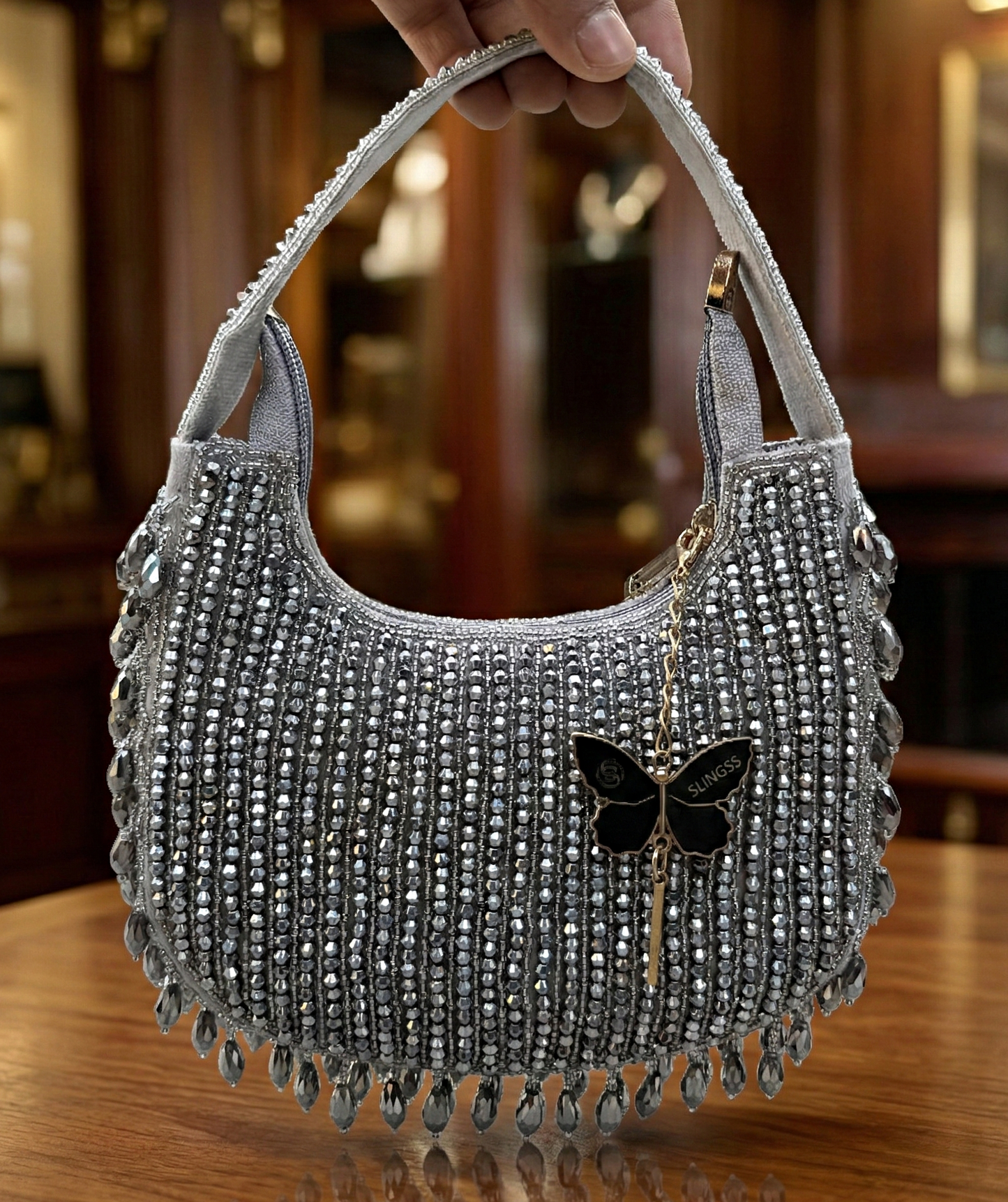 Slingss Luxury Range Half Moon Crystal Jhallar Embroidered Partywear Purse For Ladies With Handle