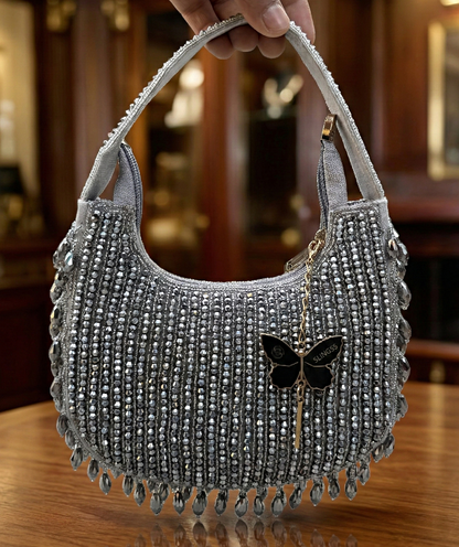 Slingss Luxury Range Half Moon Crystal Jhallar Embroidered Partywear Purse For Ladies With Handle