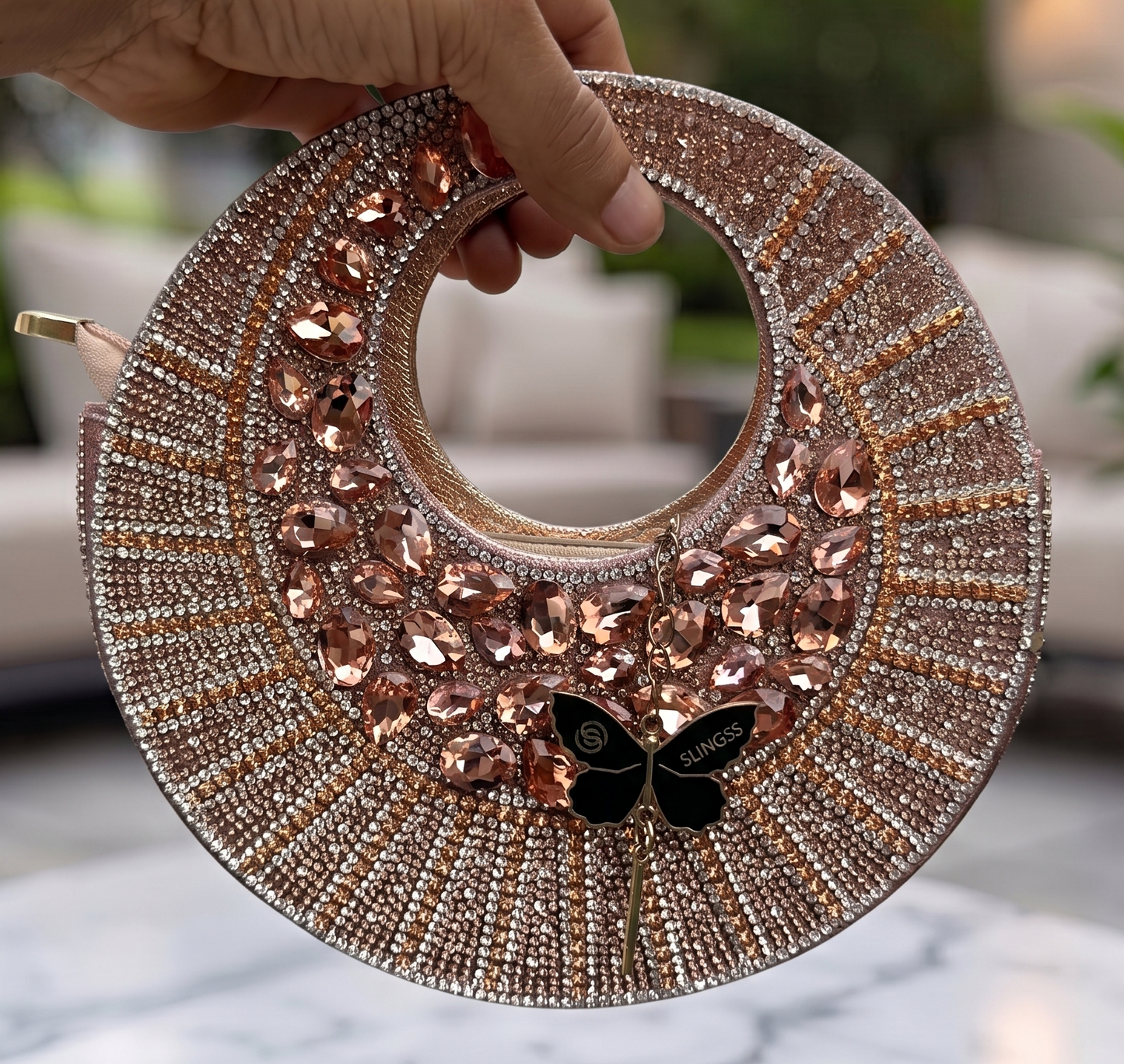 Slingss Luxury Range Full Moon Diamond Embroidered Partywear Handbag For Ladies With Handle & Long Chain