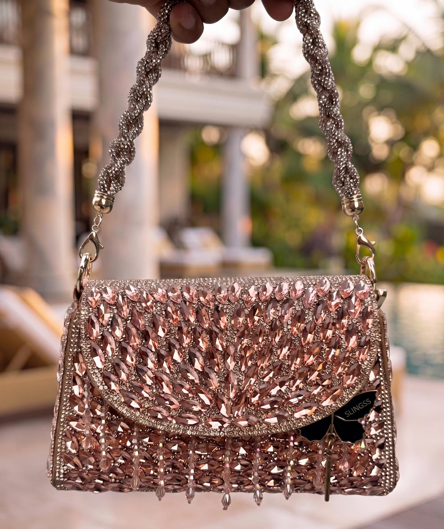 Slingss Luxury Range Exclusive Diamond Embroidered Partywear Handbag For Ladies With Handle & Long Chain