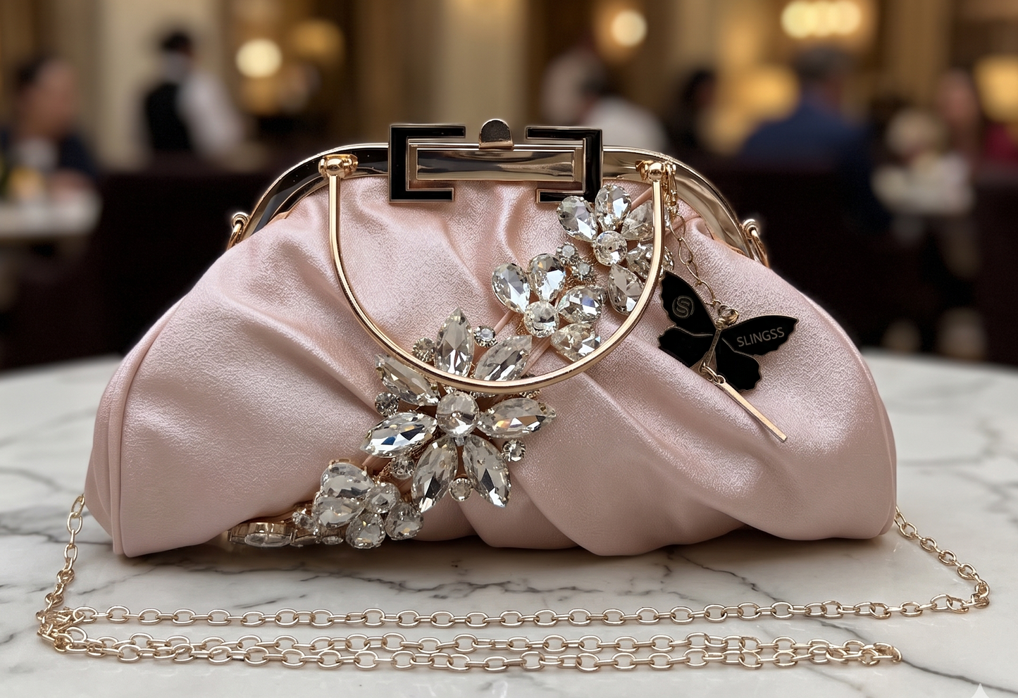 Slingss Luxury Range Diamond Embroidered Partywear handbag With Handle & Long Chain