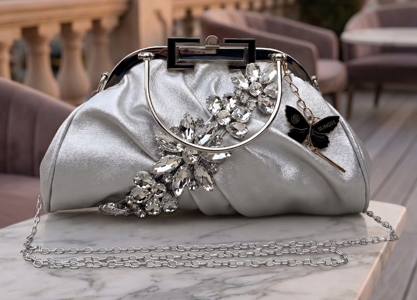 Slingss Luxury Range Diamond Embroidered Partywear handbag With Handle & Long Chain