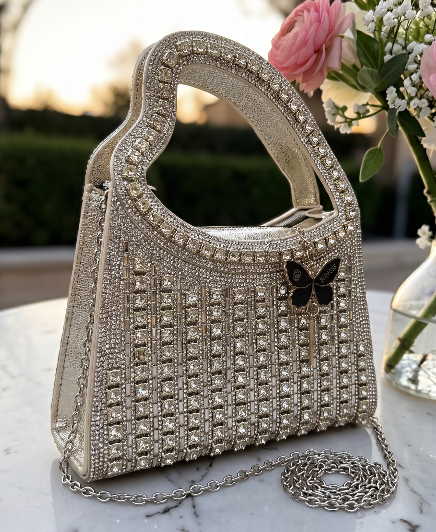 Slingss Luxury Range Heart Shape Handle Partywear Handbag For Ladies With Long Chain