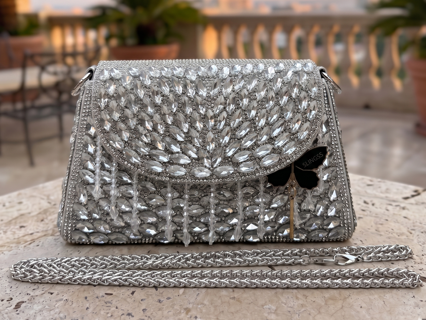 Slingss Luxury Range Exclusive Diamond Embroidered Partywear Handbag For Ladies With Handle & Long Chain