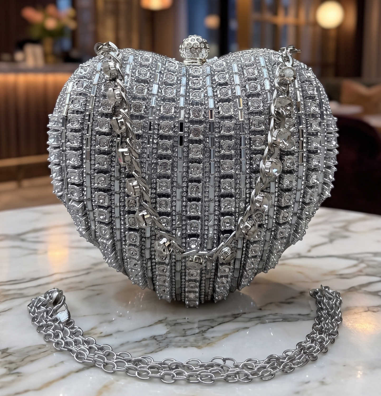 Slingss Exclusive Premium Heart Shape Partywear Diamond Embroidered Clutch For Ladies With Handle & Long Chain