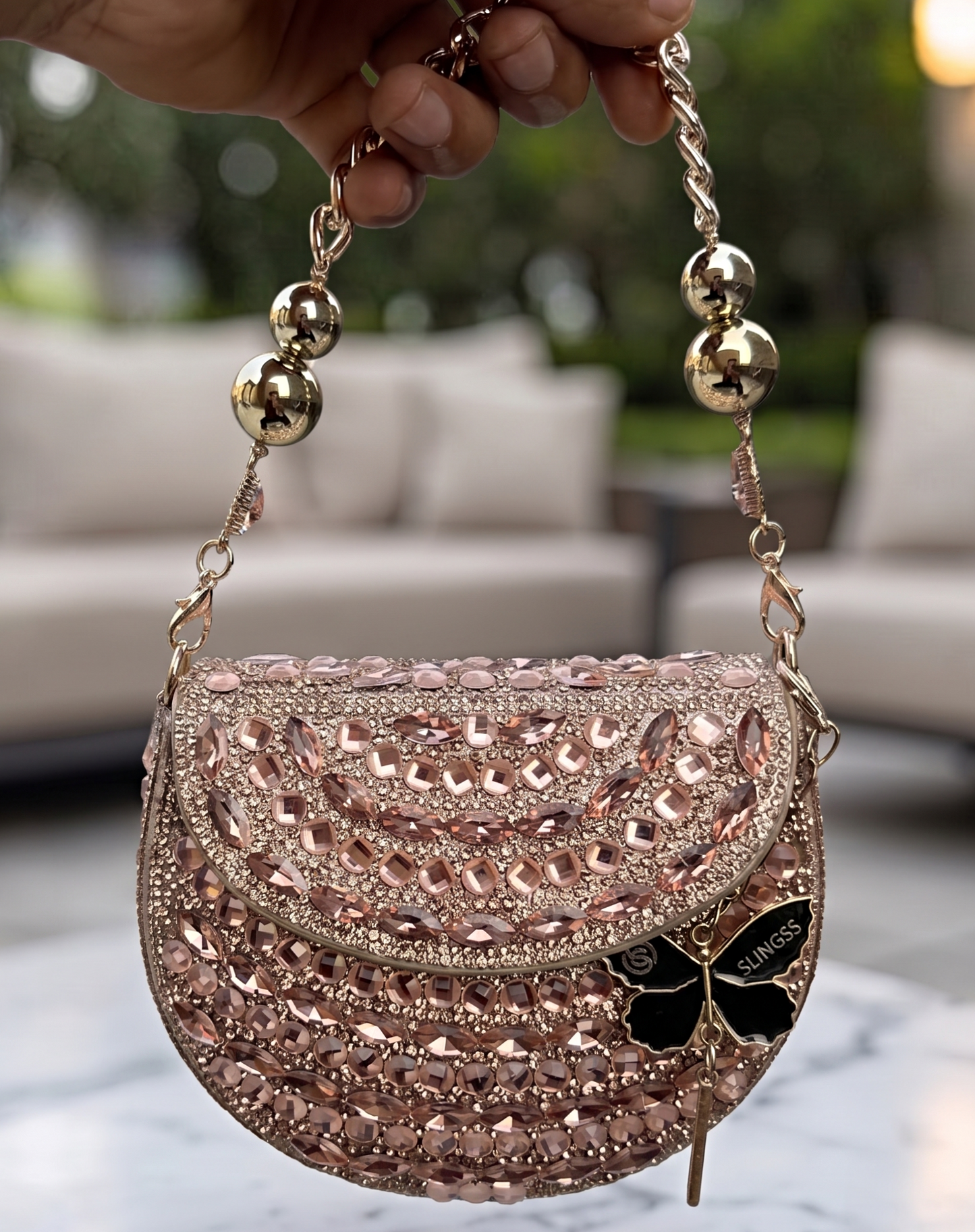 Slingss Luxury Range Small Size Diamond Embroidered Partywear Handbag For Ladies With Handle & Long Chain