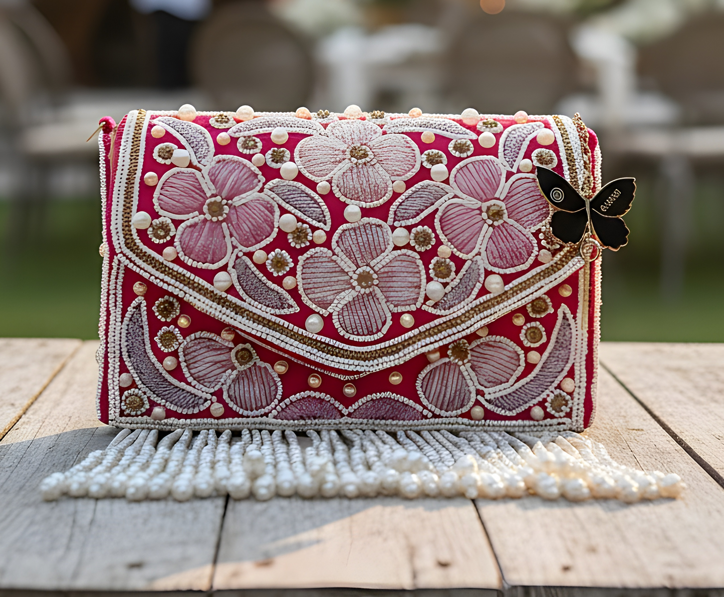 Slingss Luxury Range Hanging Beads Embroidered Partywear Handbag For Ladies With Handle
