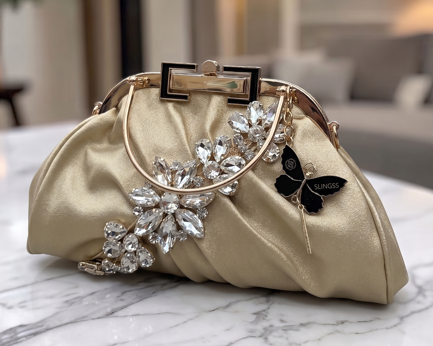 Slingss Luxury Range Diamond Embroidered Partywear handbag With Handle & Long Chain