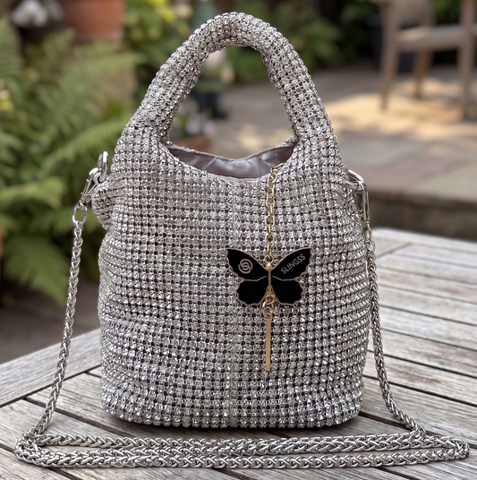 Slingss Luxury Range Exclusive Diamond Studded Partywear Basket Shaped handbag For Ladies With Long Chain