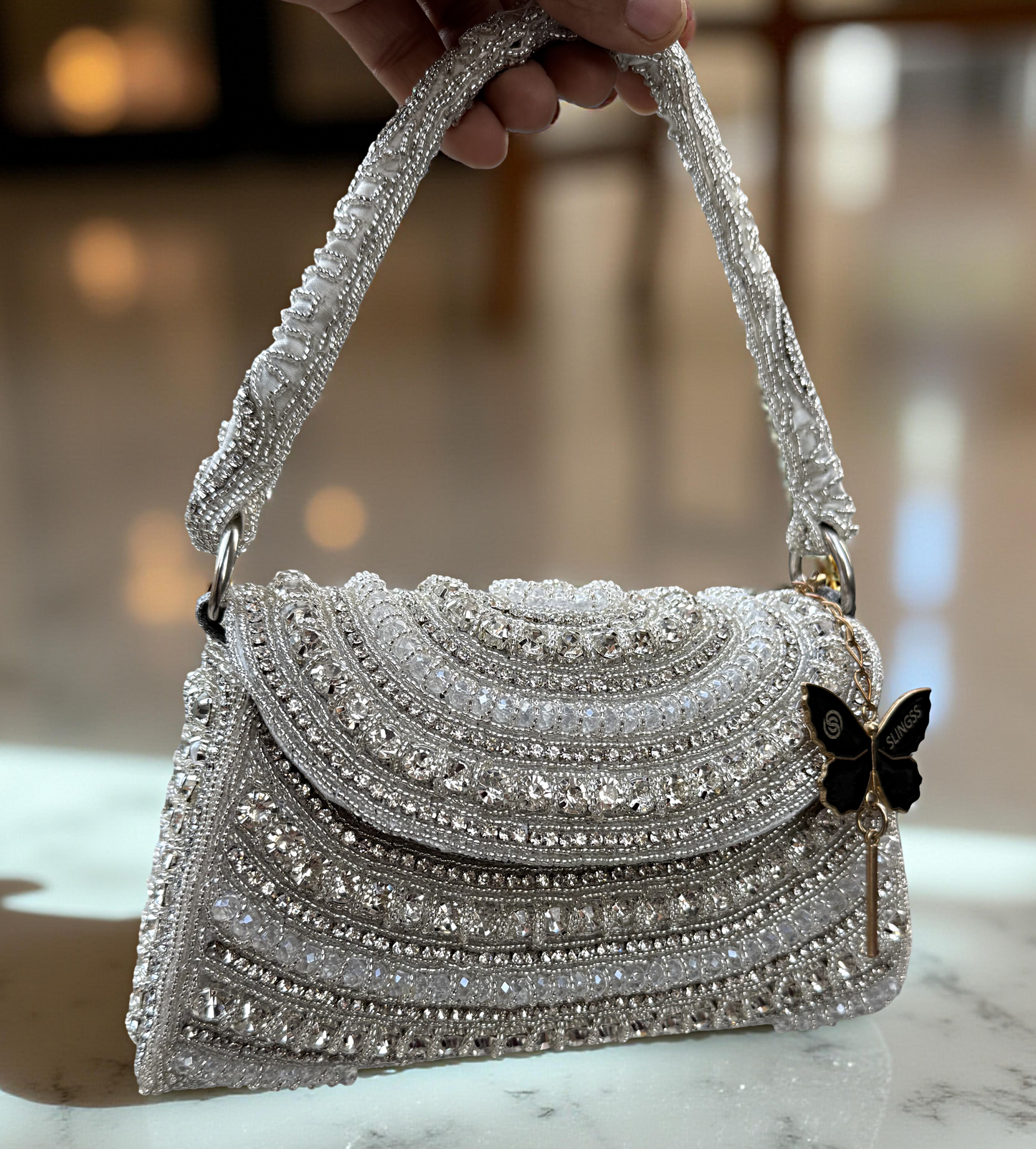 Slingss Luxury Range Diamond Embroidered Partywear Handbag For Ladies With Handle