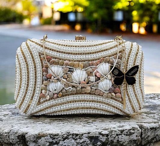 Slingss Exclusive Premium White Beads Seap Embroidered Partywear Clutch For Ladies With Handle & Long Chain