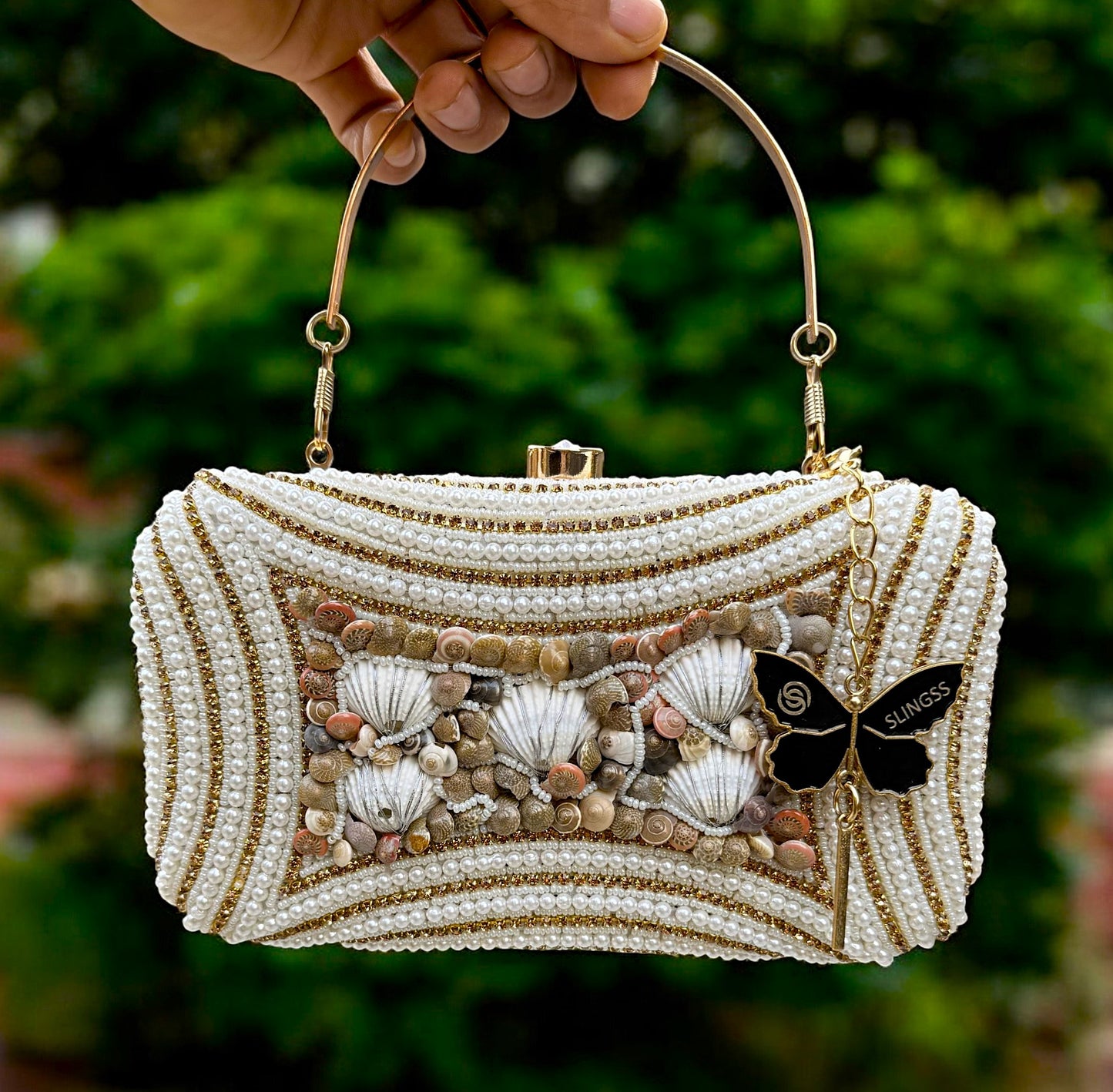 Slingss Exclusive Premium White Beads Seap Embroidered Partywear Clutch For Ladies With Handle & Long Chain