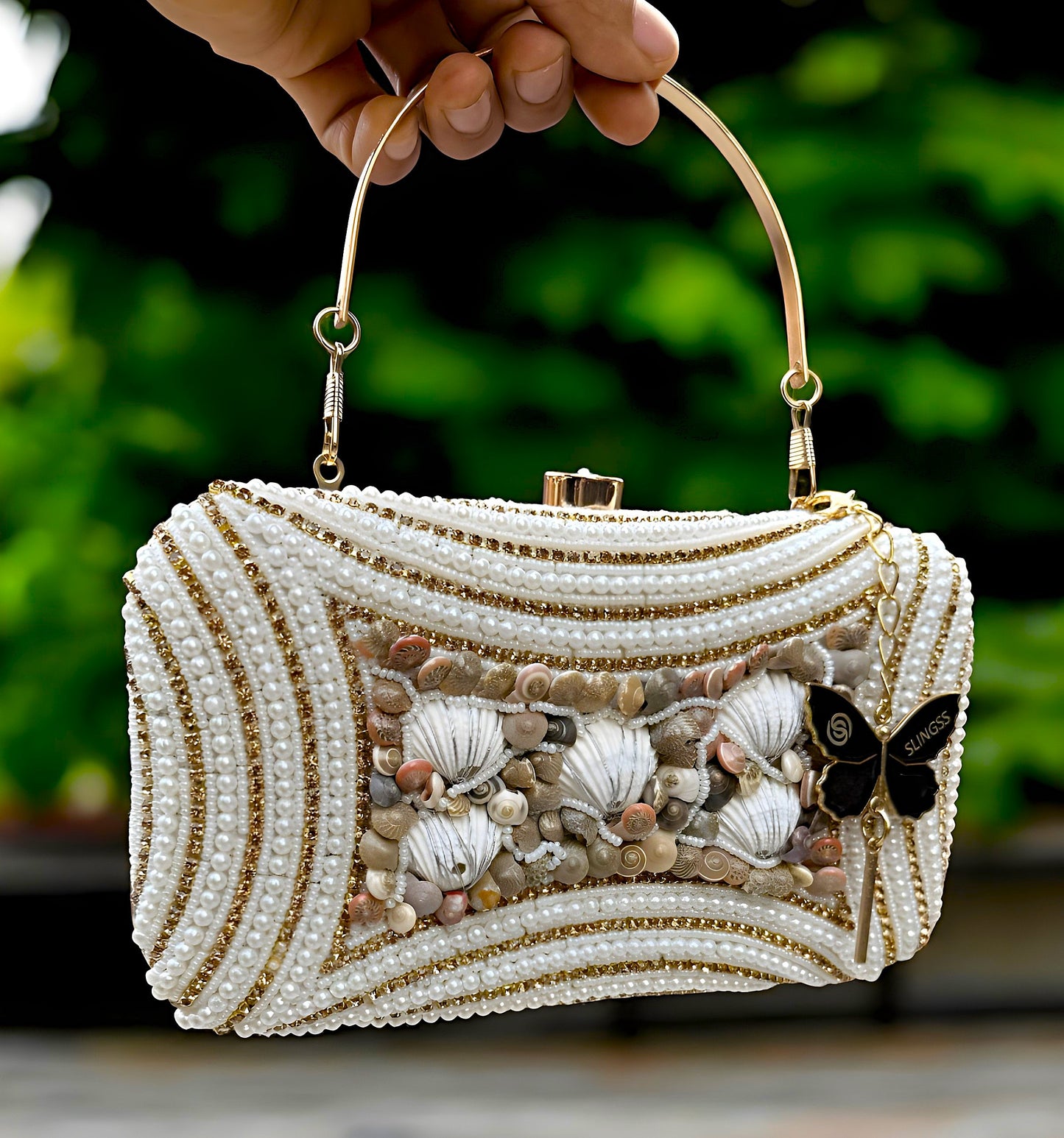 Slingss Exclusive Premium White Beads Seap Embroidered Partywear Clutch For Ladies With Handle & Long Chain