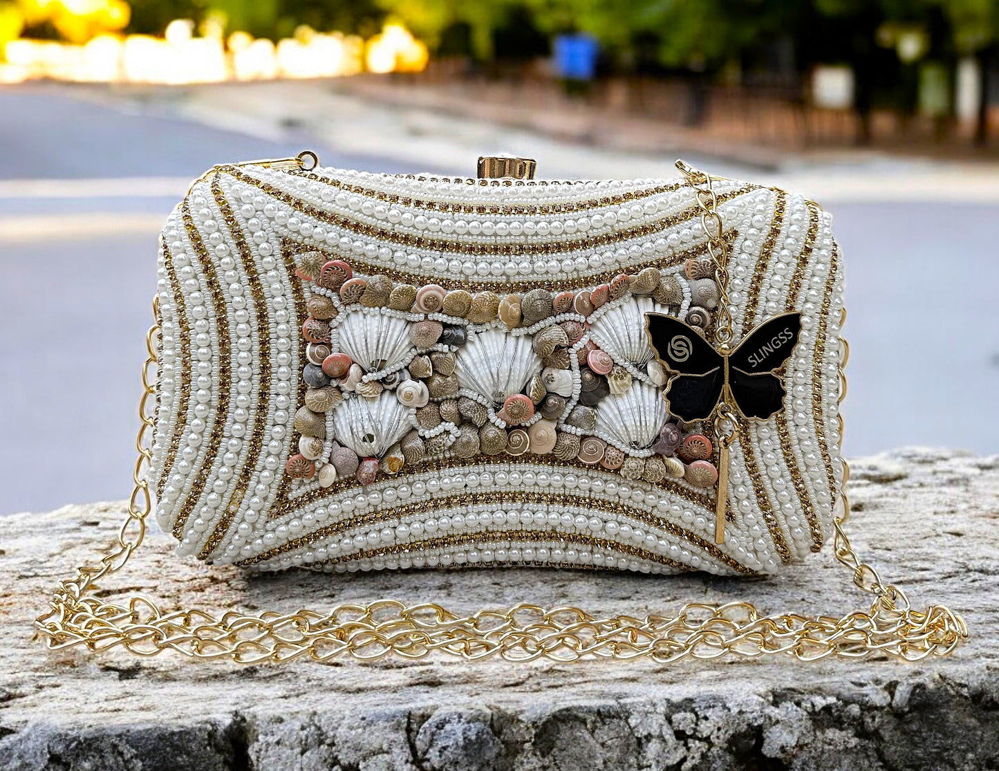 Slingss Exclusive Premium White Beads Seap Embroidered Partywear Clutch For Ladies With Handle & Long Chain