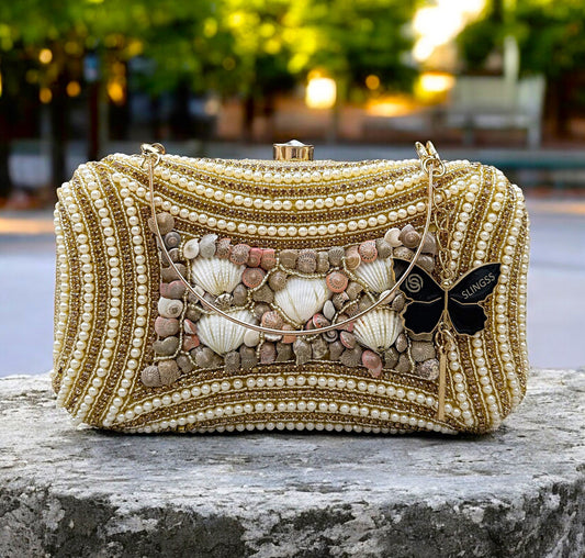 Slingss Exclusive Premium Seap Embroidered Partywear Clutch For Ladies With Handle & Long Chain