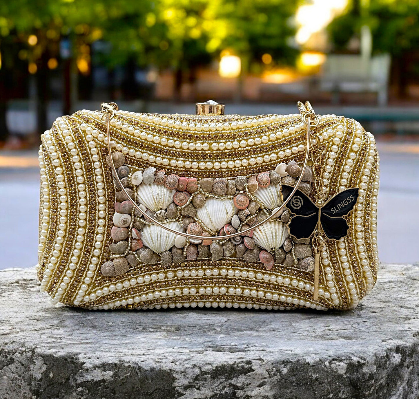 Slingss Exclusive Premium Seap Embroidered Partywear Clutch For Ladies With Handle & Long Chain