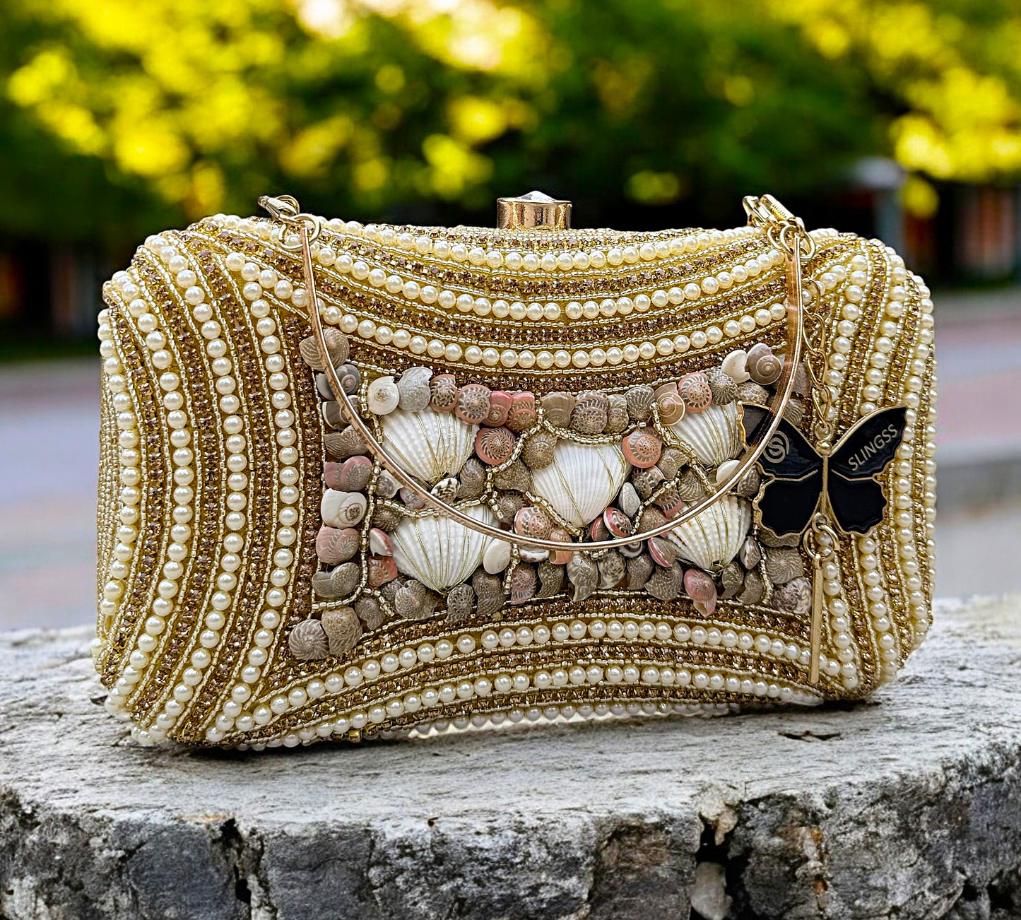 Slingss Exclusive Premium Seap Embroidered Partywear Clutch For Ladies With Handle & Long Chain