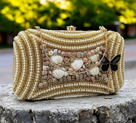 Slingss Exclusive Premium Seap Embroidered Partywear Clutch For Ladies With Handle & Long Chain
