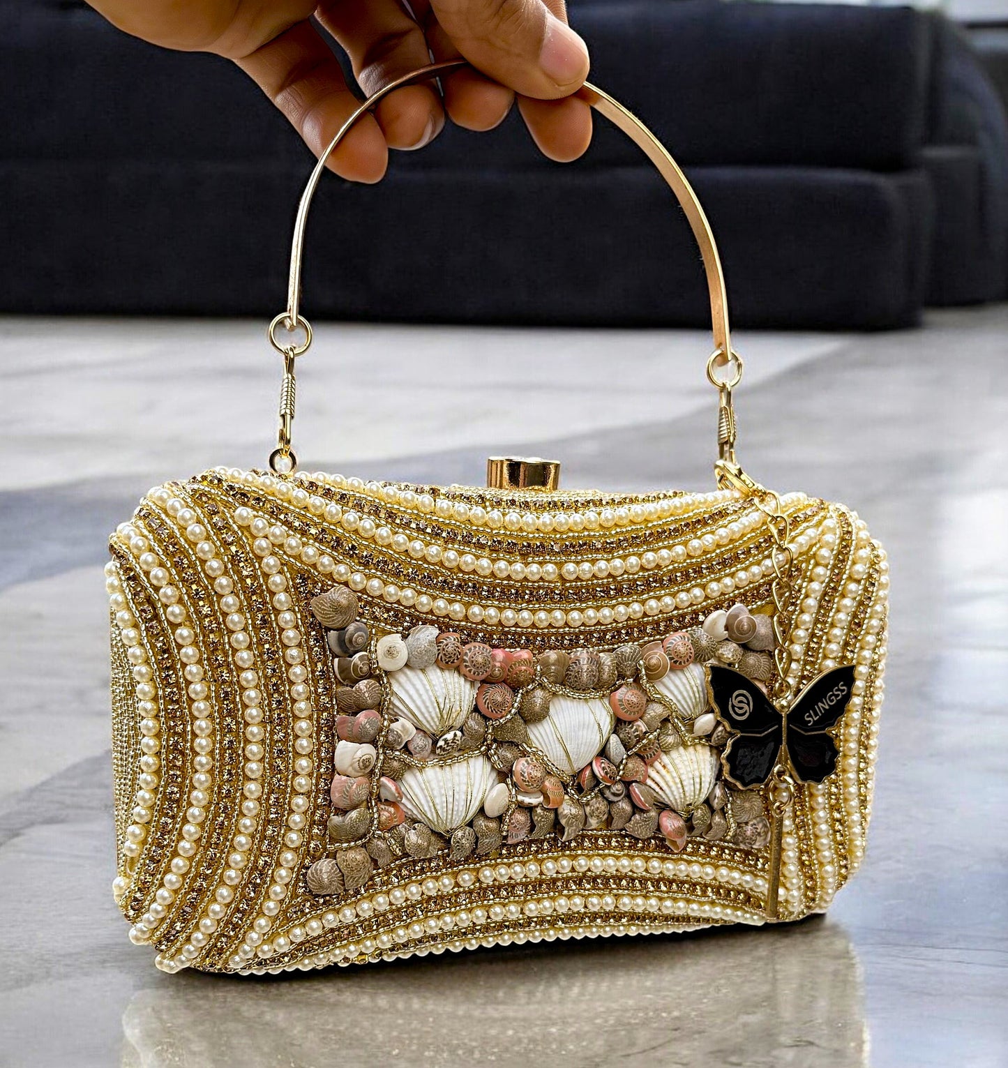 Slingss Exclusive Premium Seap Embroidered Partywear Clutch For Ladies With Handle & Long Chain