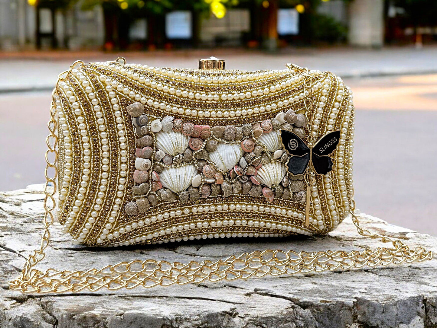 Slingss Exclusive Premium Seap Embroidered Partywear Clutch For Ladies With Handle & Long Chain