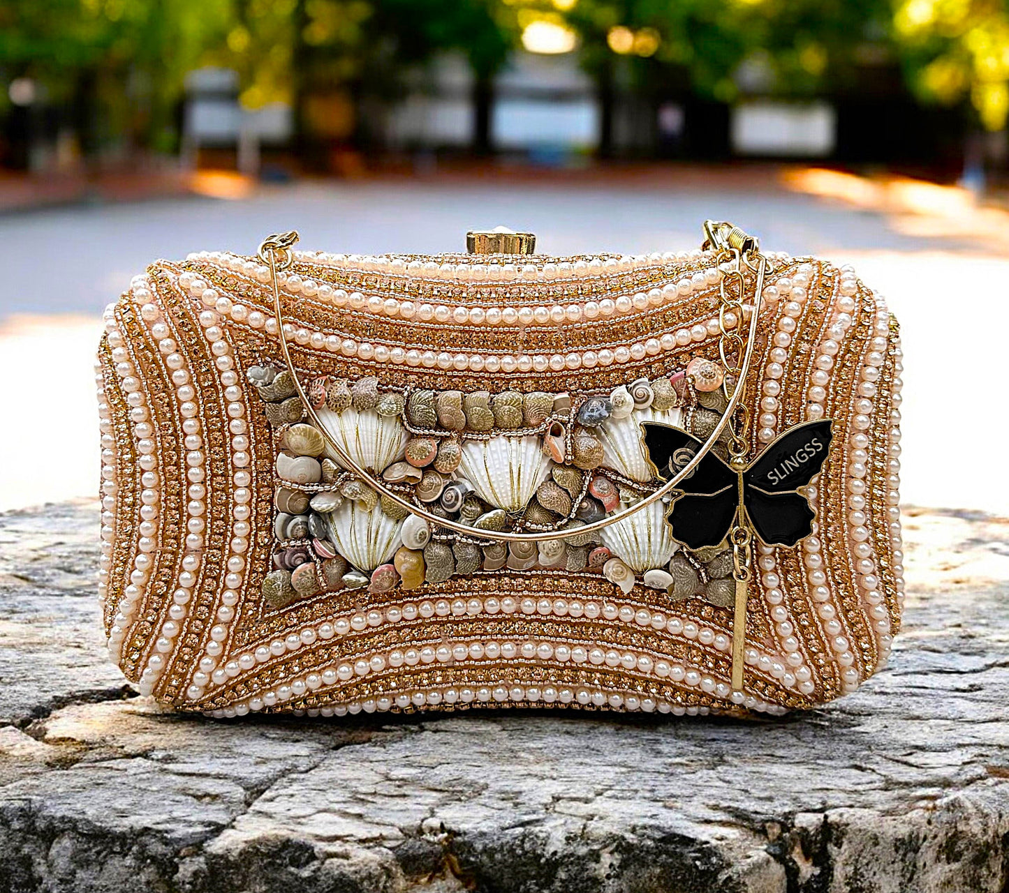 Slingss Exclusive Premium Seap Embroidered Partywear Clutch For Ladies With Handle & Long Chain