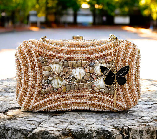 Slingss Exclusive Premium Seap Embroidered Partywear Clutch For Ladies With Handle & Long Chain