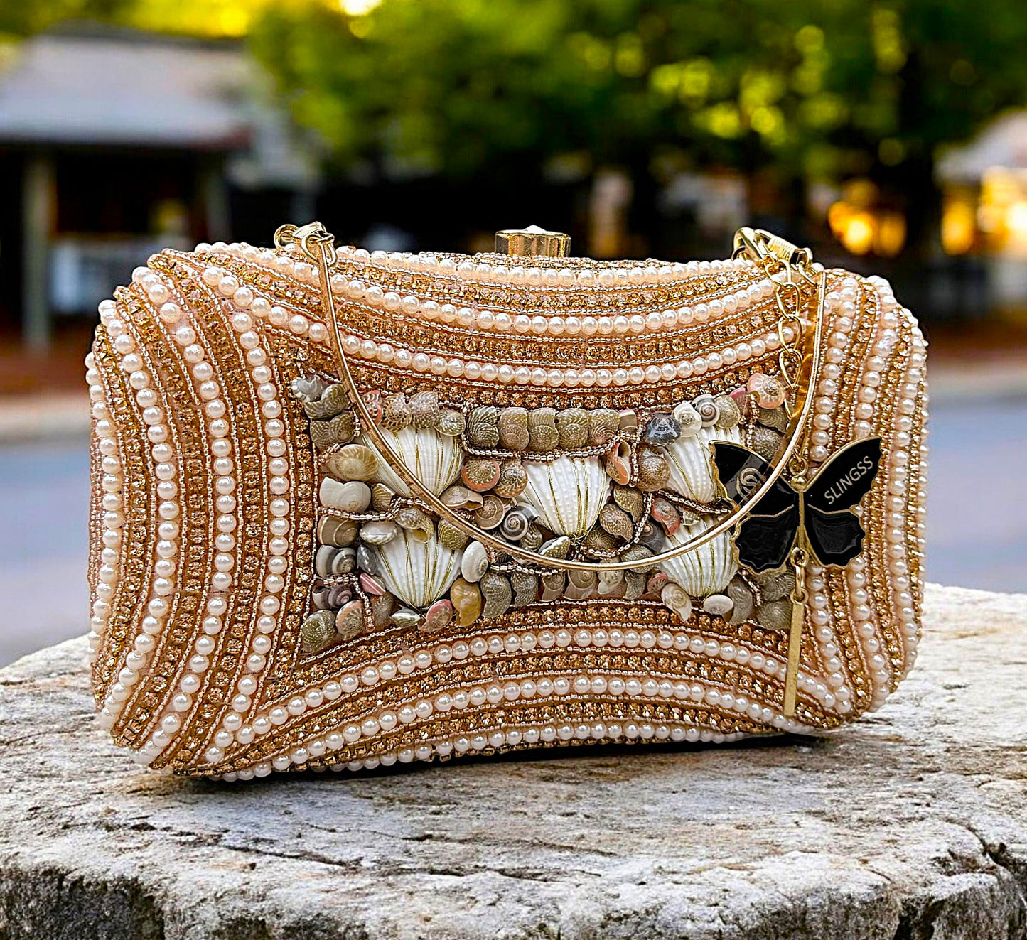 Slingss Exclusive Premium Seap Embroidered Partywear Clutch For Ladies With Handle & Long Chain