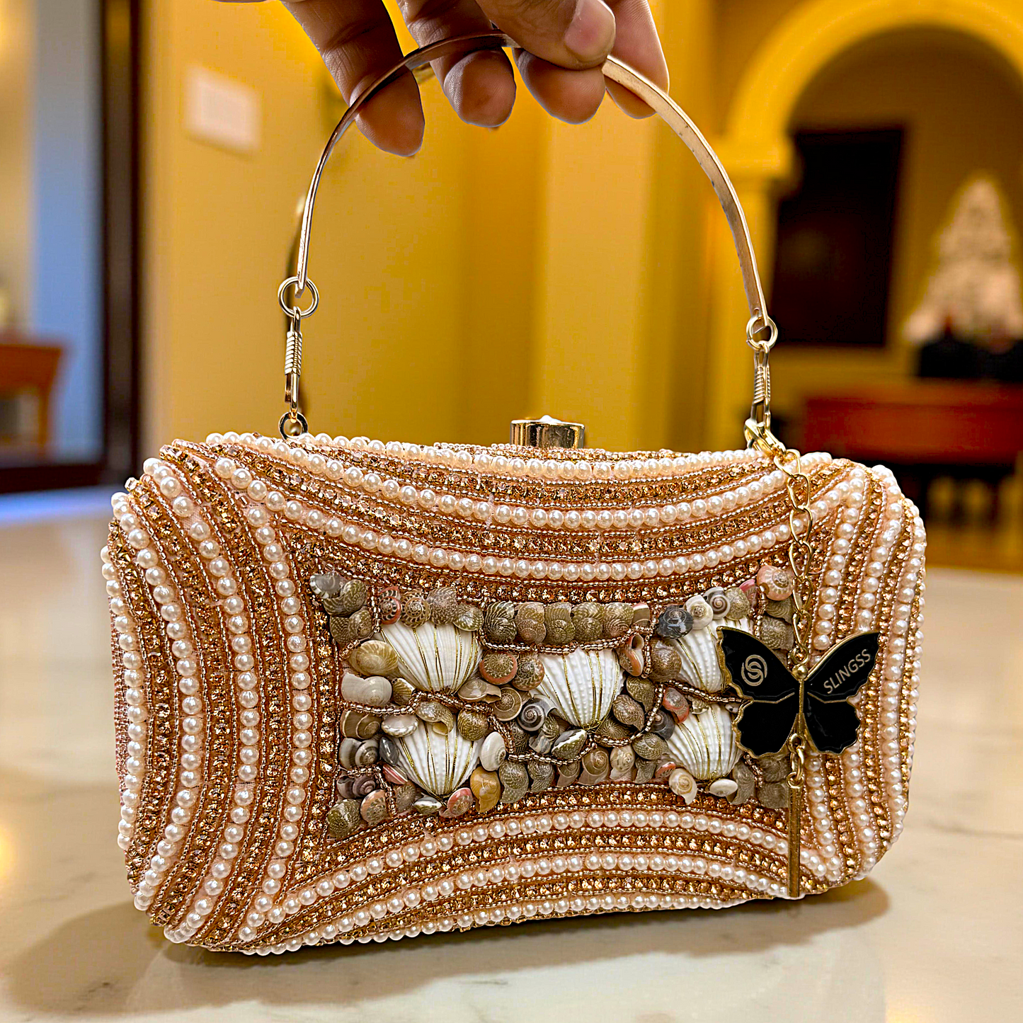 Slingss Exclusive Premium Seap Embroidered Partywear Clutch For Ladies With Handle & Long Chain