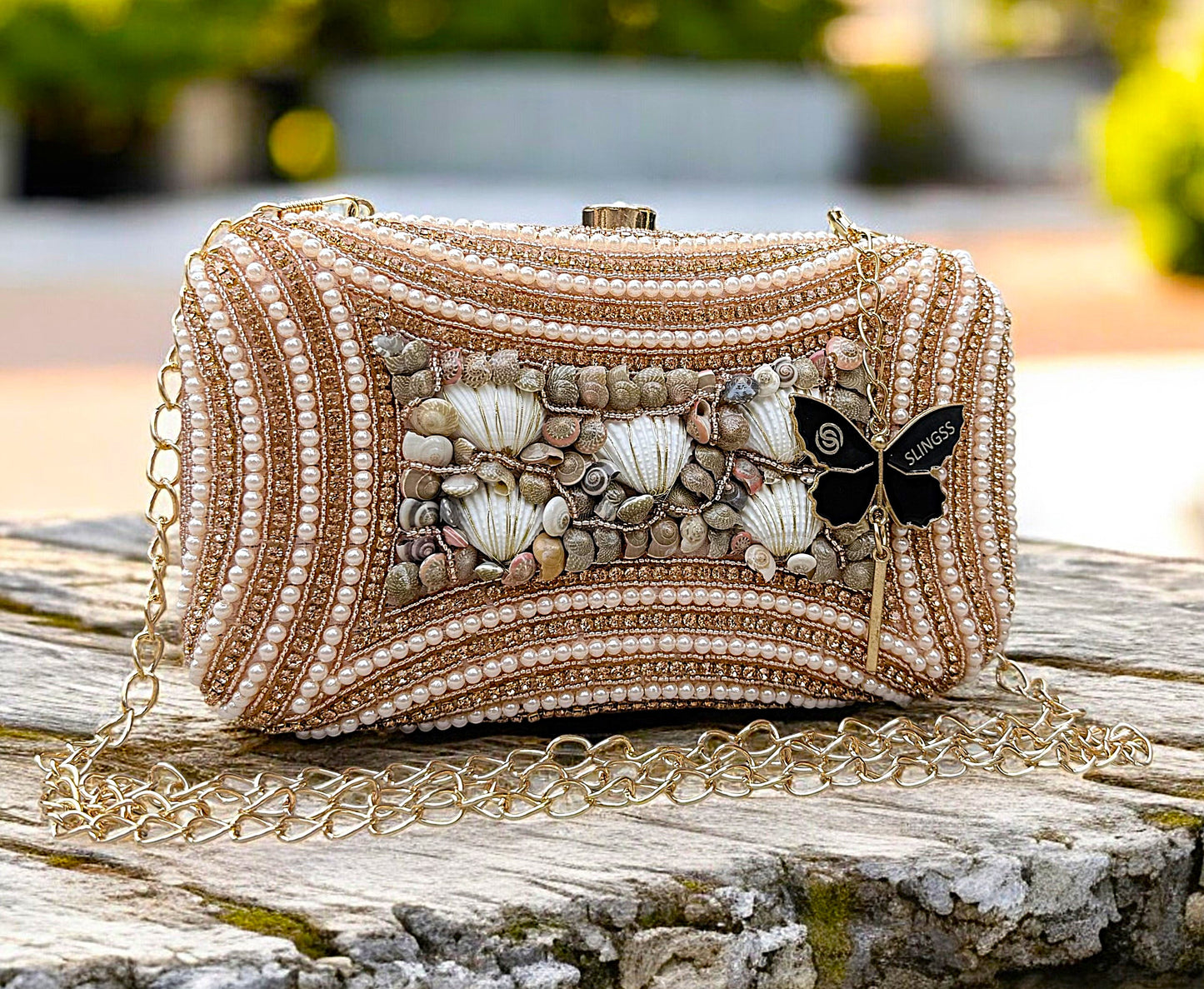 Slingss Exclusive Premium Seap Embroidered Partywear Clutch For Ladies With Handle & Long Chain