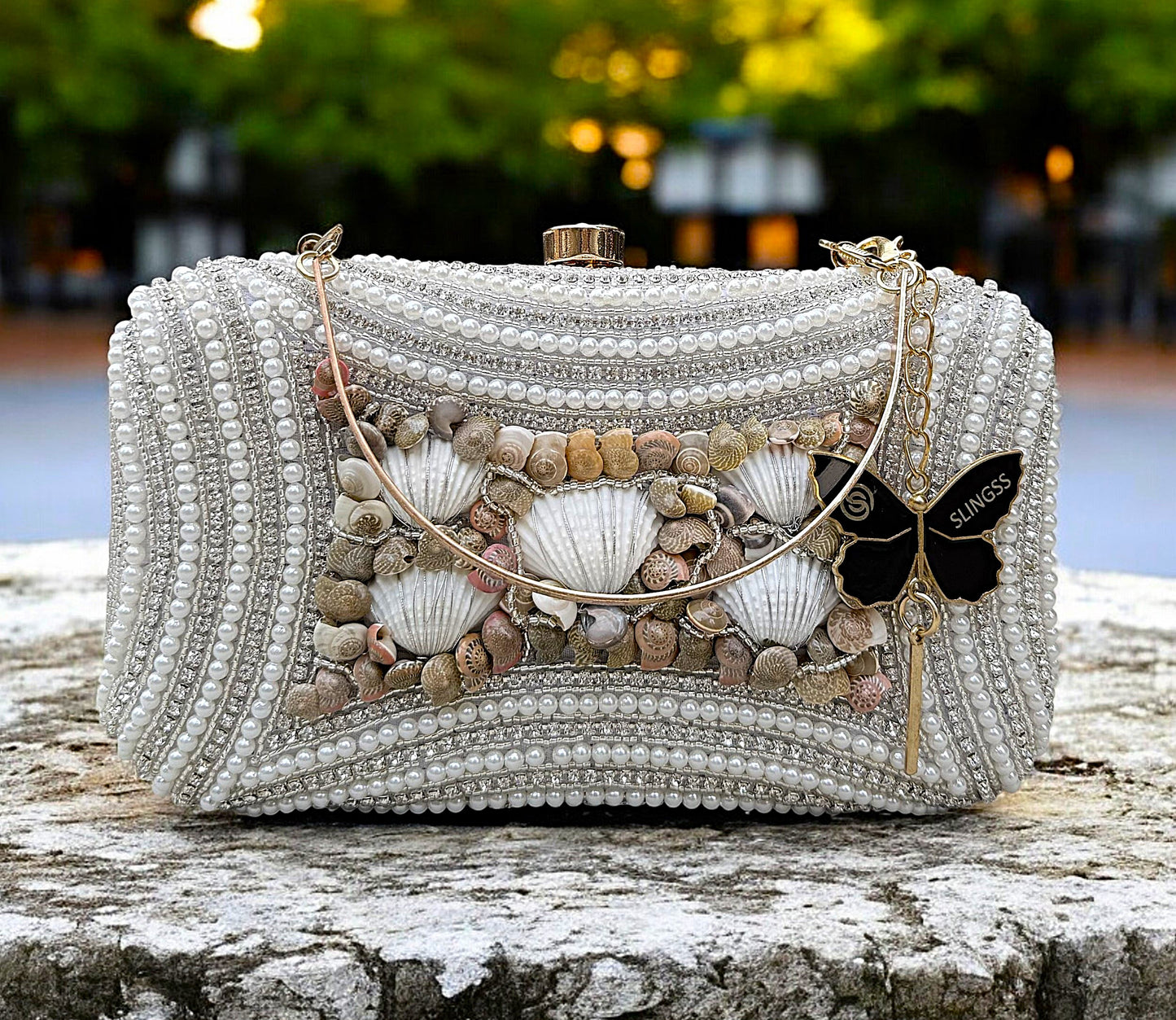 Slingss Exclusive Premium White Beads Seap Embroidered Partywear Clutch For Ladies With Handle & Long Chain