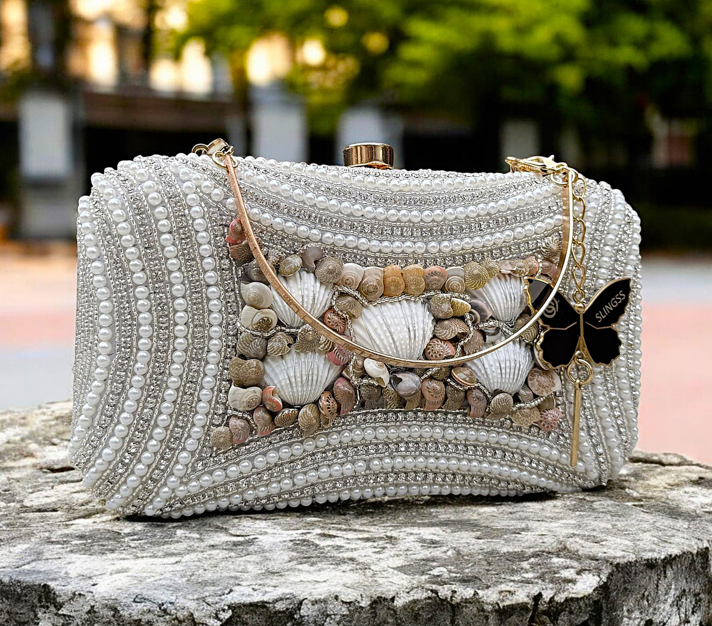 Slingss Exclusive Premium White Beads Seap Embroidered Partywear Clutch For Ladies With Handle & Long Chain