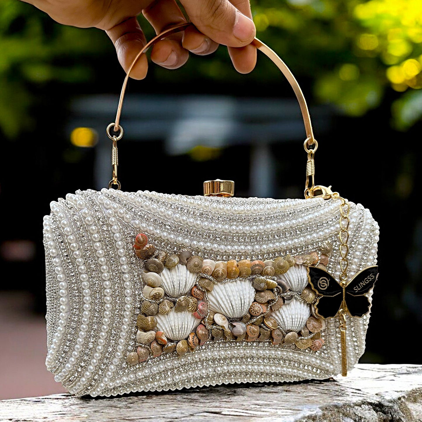 Slingss Exclusive Premium White Beads Seap Embroidered Partywear Clutch For Ladies With Handle & Long Chain