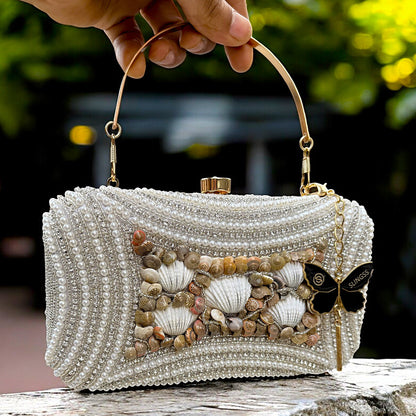 Slingss Exclusive Premium White Beads Seap Embroidered Partywear Clutch For Ladies With Handle & Long Chain