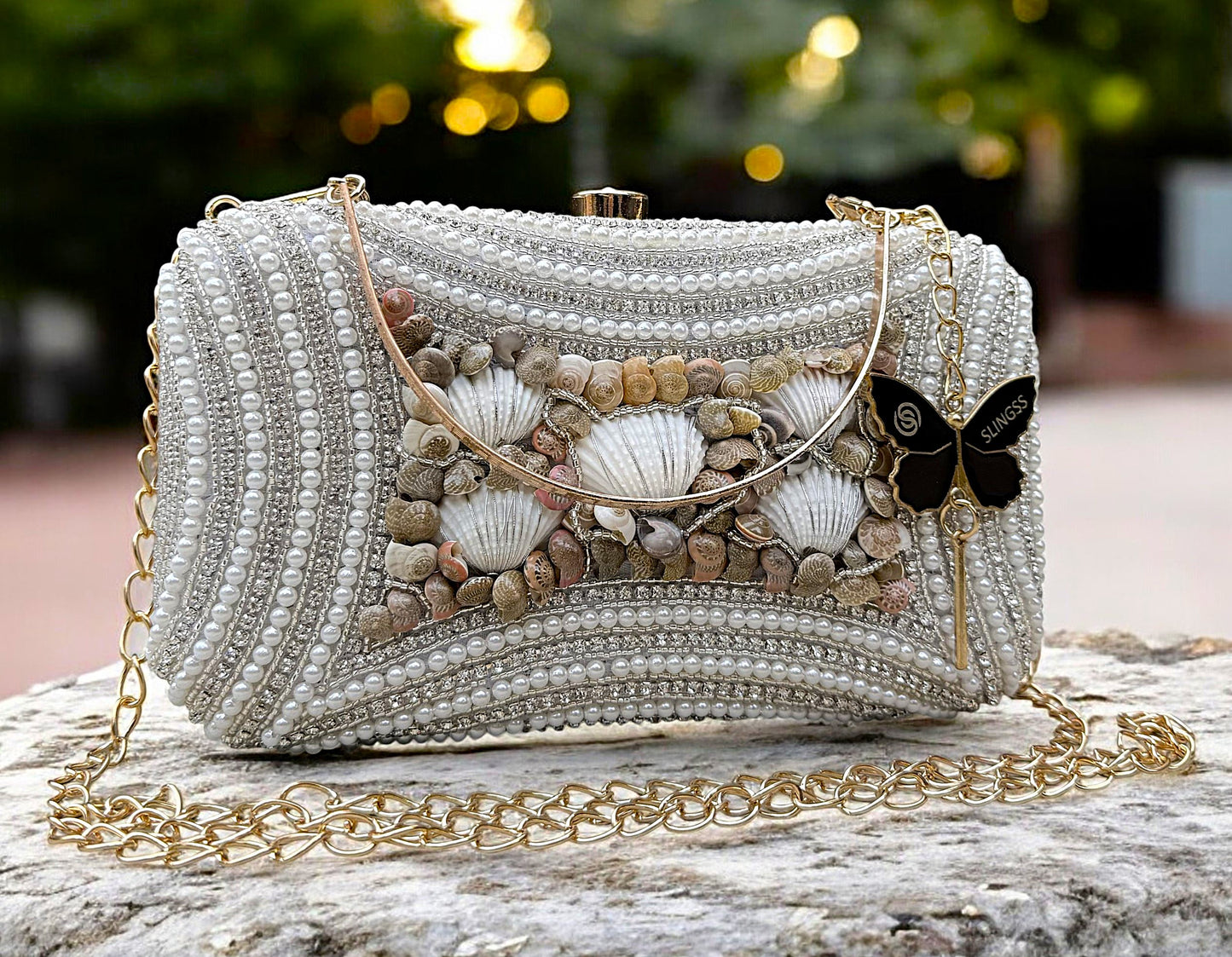 Slingss Exclusive Premium White Beads Seap Embroidered Partywear Clutch For Ladies With Handle & Long Chain