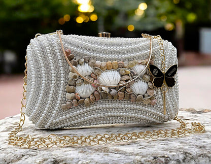 Slingss Exclusive Premium White Beads Seap Embroidered Partywear Clutch For Ladies With Handle & Long Chain