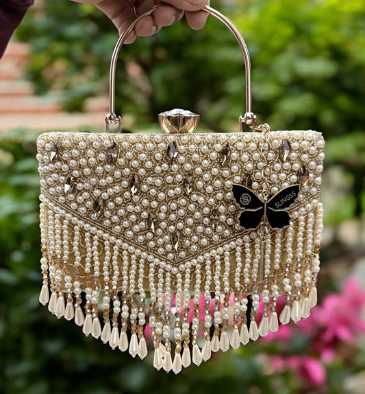 Slingss Luxury Range Hanging Beads Embroidered Partywear Handbag For Ladies With Handle & Long Chain