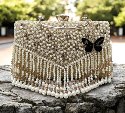 Slingss Luxury Range Hanging Beads Embroidered Partywear Handbag For Ladies With Handle & Long Chain