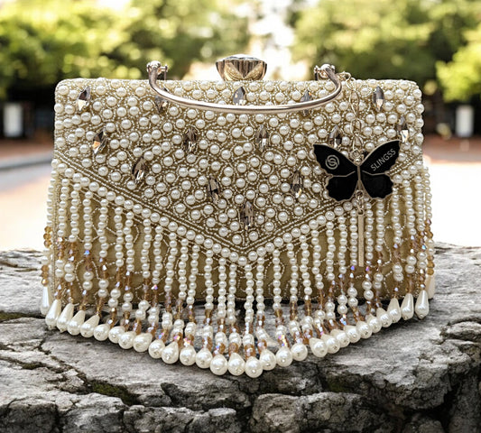 Slingss Luxury Range Hanging Beads Embroidered Partywear Handbag For Ladies With Handle & Long Chain