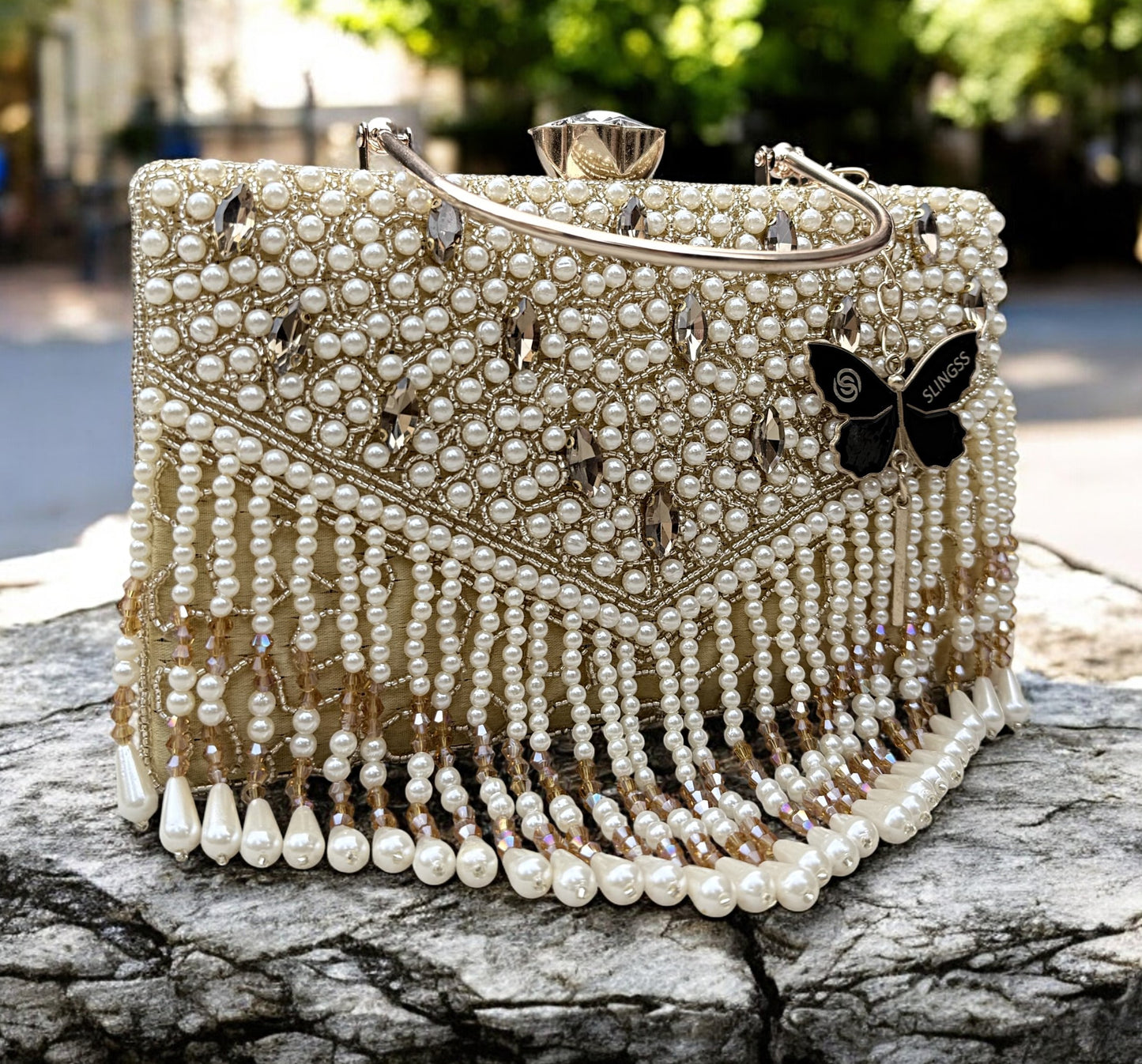 Slingss Luxury Range Hanging Beads Embroidered Partywear Handbag For Ladies With Handle & Long Chain