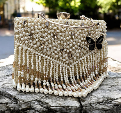 Slingss Luxury Range Hanging Beads Embroidered Partywear Handbag For Ladies With Handle & Long Chain