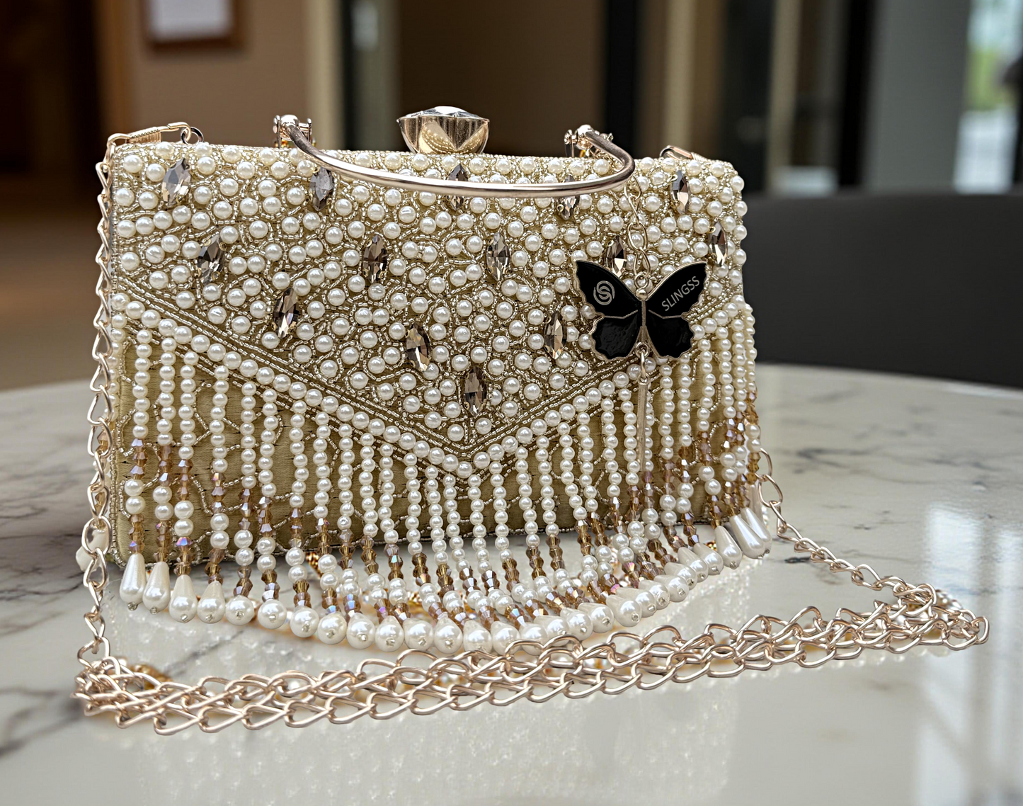Slingss Luxury Range Hanging Beads Embroidered Partywear Handbag For Ladies With Handle & Long Chain