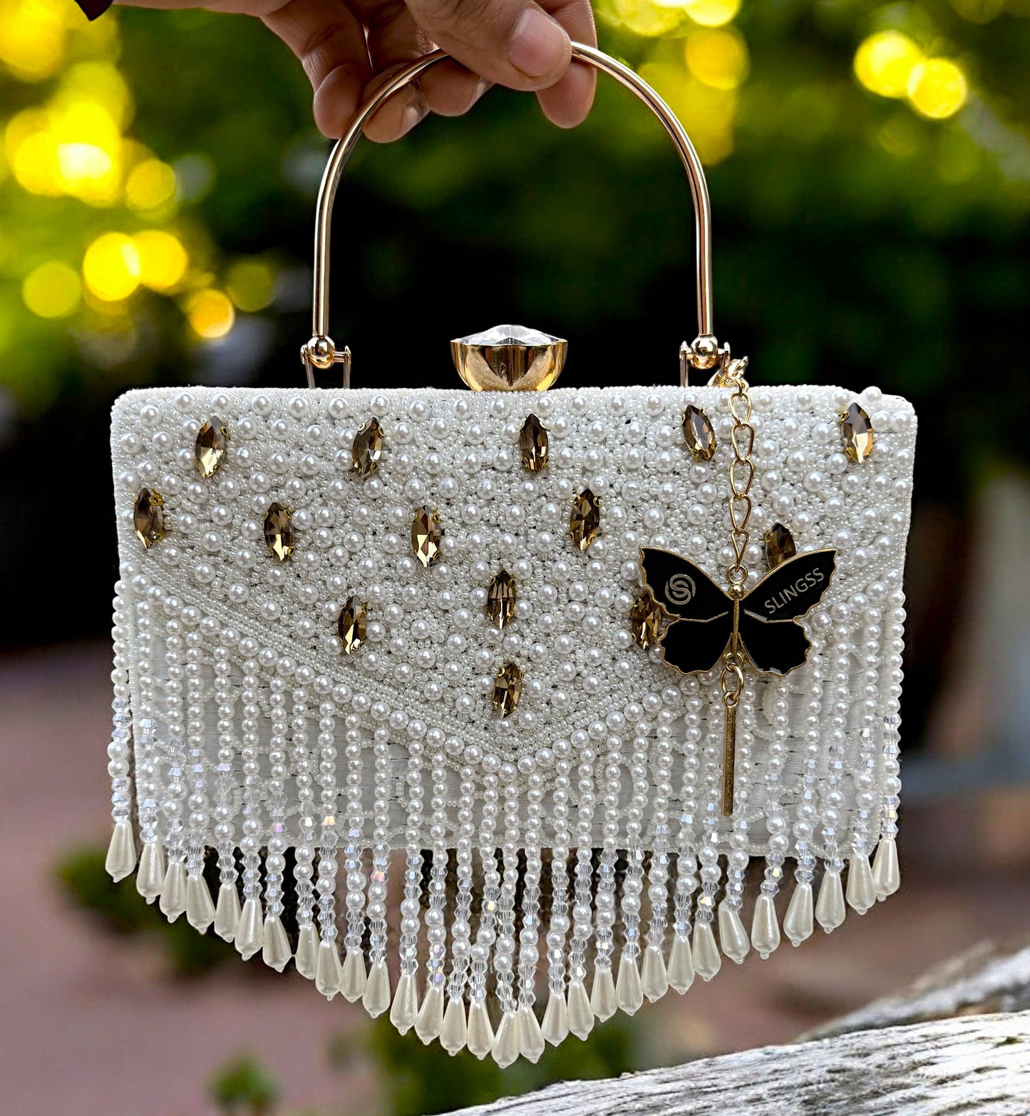 Slingss Luxury Range Hanging Beads Embroidered Partywear Handbag For Ladies With Handle & Long Chain