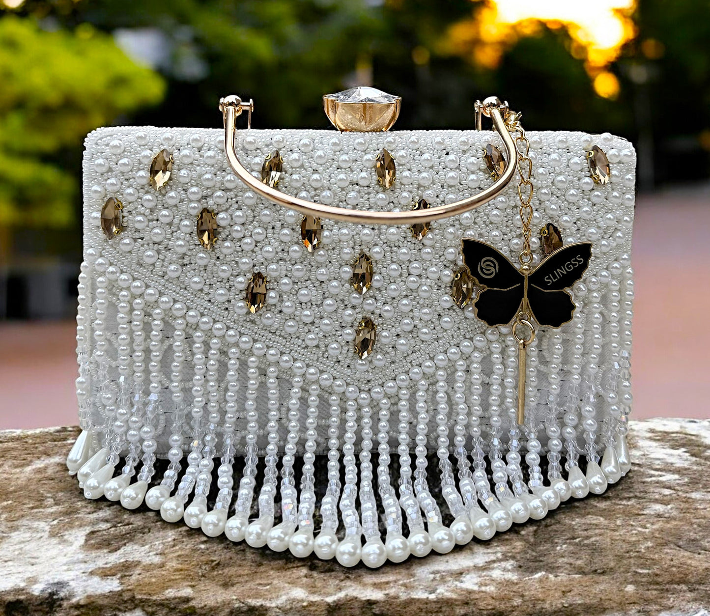 Slingss Luxury Range Hanging Beads Embroidered Partywear Handbag For Ladies With Handle & Long Chain