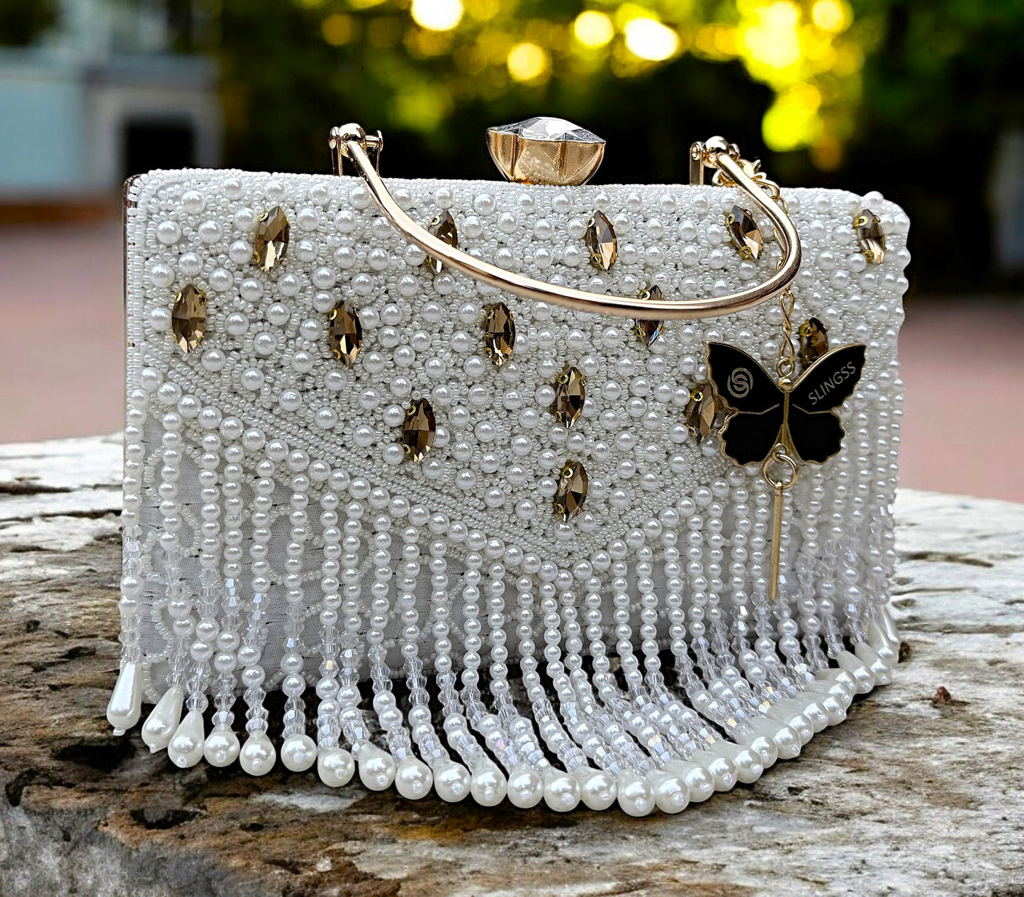 Slingss Luxury Range Hanging Beads Embroidered Partywear Handbag For Ladies With Handle & Long Chain