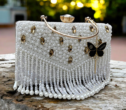 Slingss Luxury Range Hanging Beads Embroidered Partywear Handbag For Ladies With Handle & Long Chain