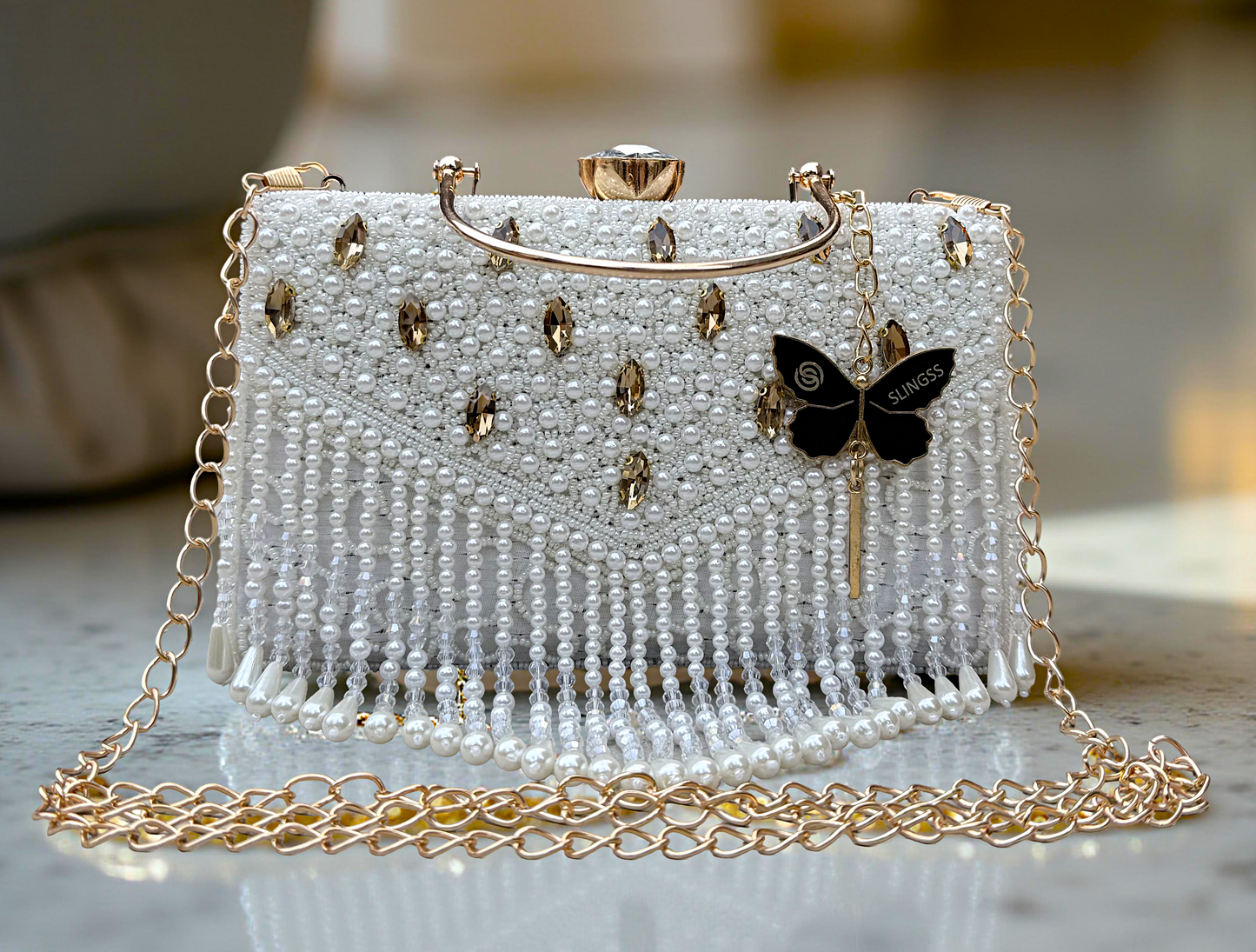 Slingss Luxury Range Hanging Beads Embroidered Partywear Handbag For Ladies With Handle & Long Chain