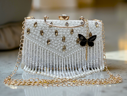 Slingss Luxury Range Hanging Beads Embroidered Partywear Handbag For Ladies With Handle & Long Chain