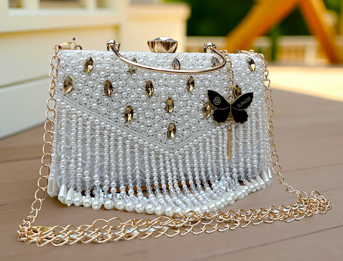 Slingss Luxury Range Hanging Beads Embroidered Partywear Handbag For Ladies With Handle & Long Chain